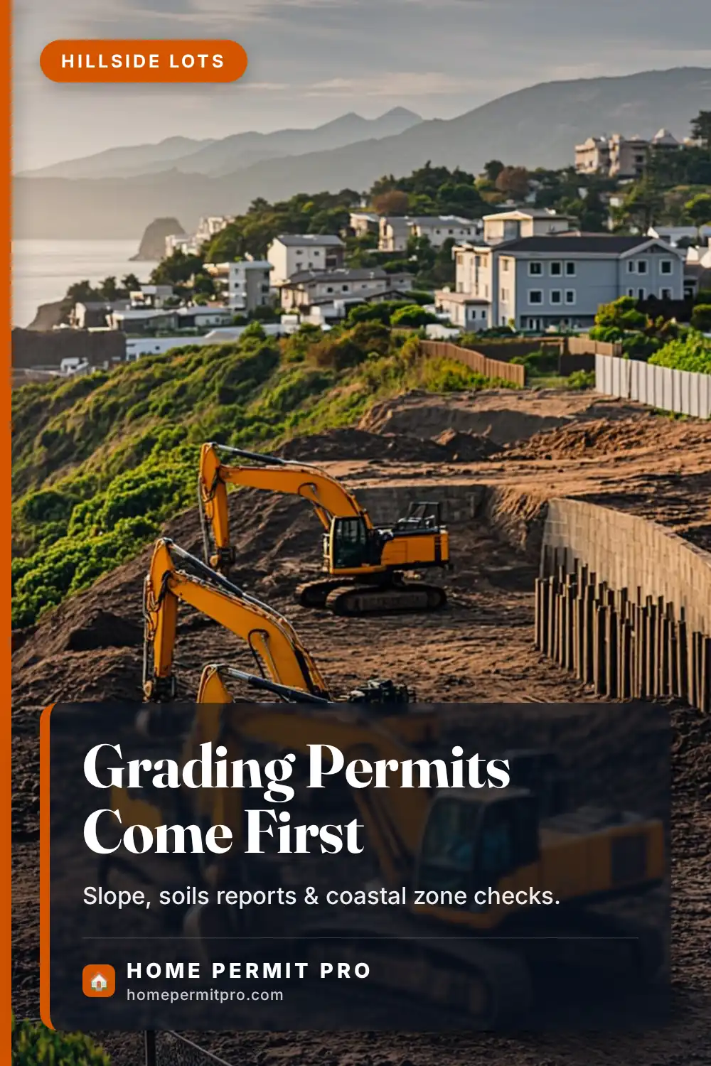 Hillside home construction site in California with grading equipment