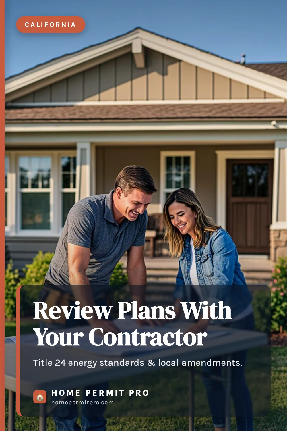 Contractor and homeowner reviewing California residential permit blueprints outdoors