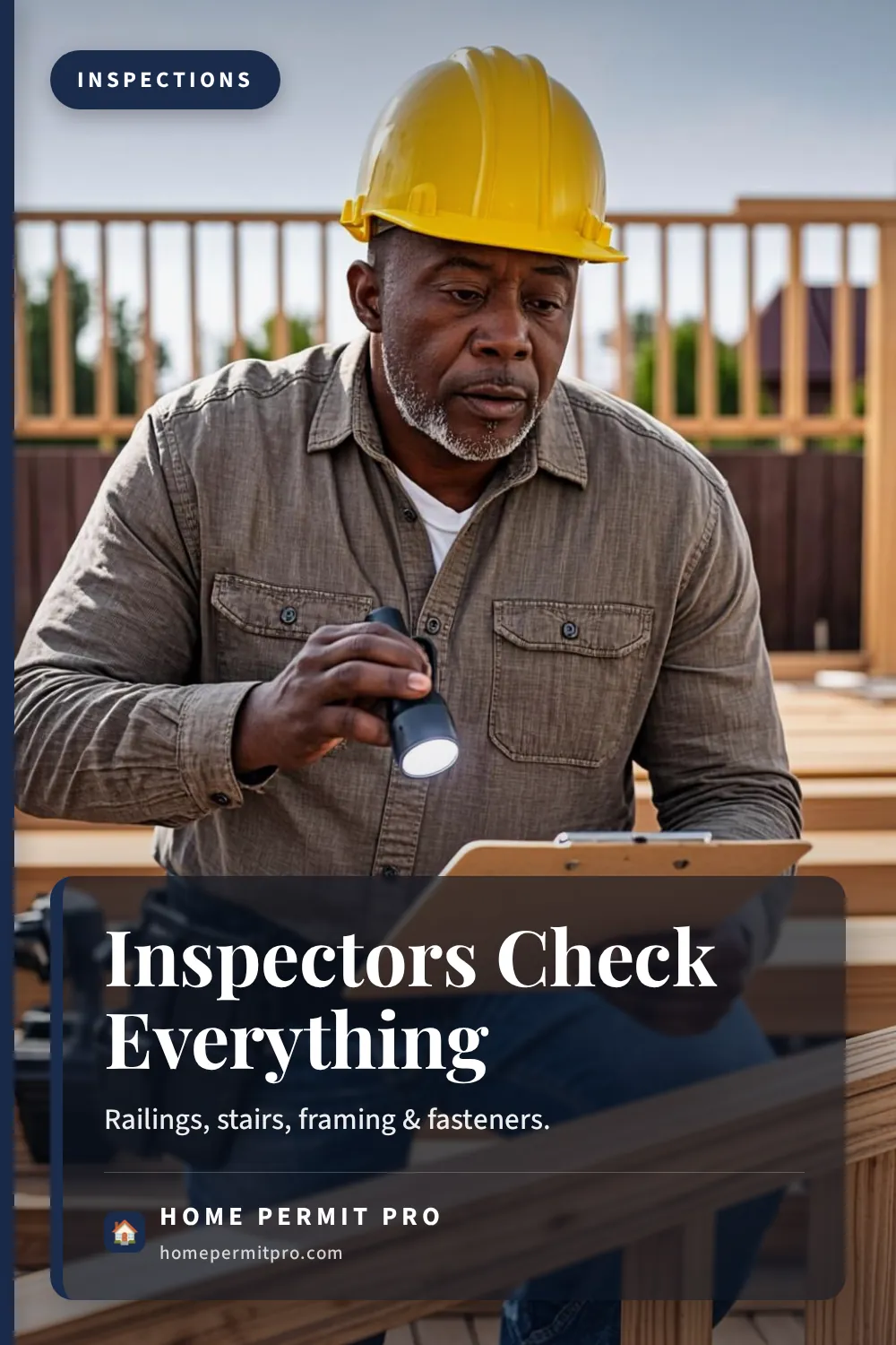 Building inspector examining deck railing and stair framing with a clipboard