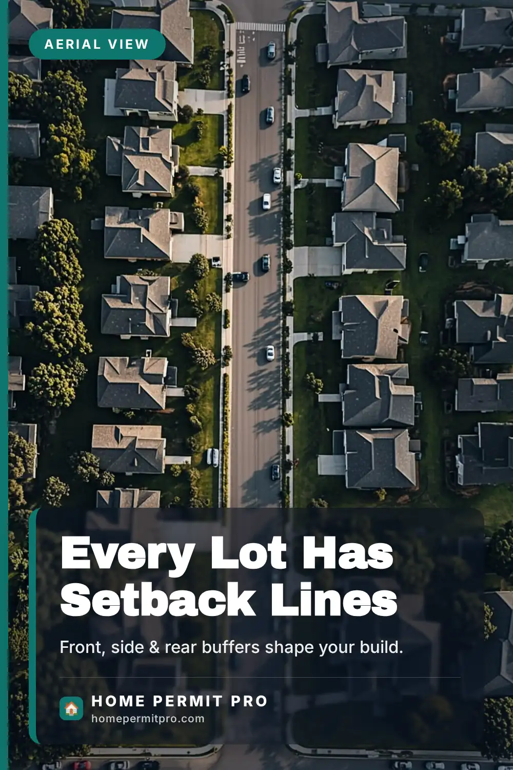 Aerial view of suburban residential lots showing front yard setbacks