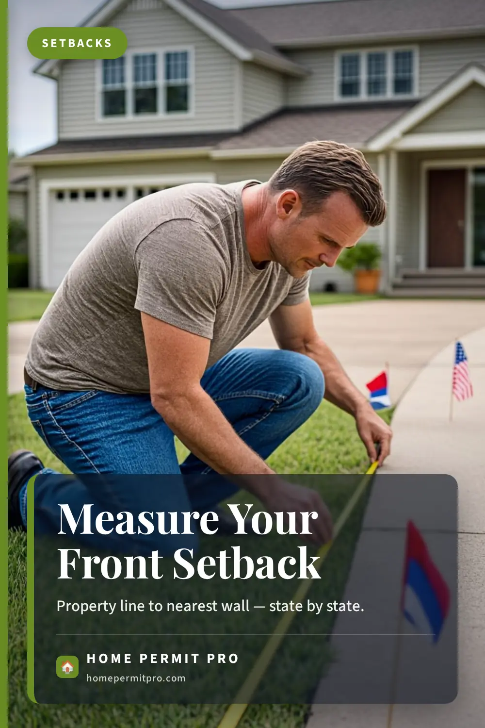 Tape measure stretched across a lawn to measure front yard setback distance