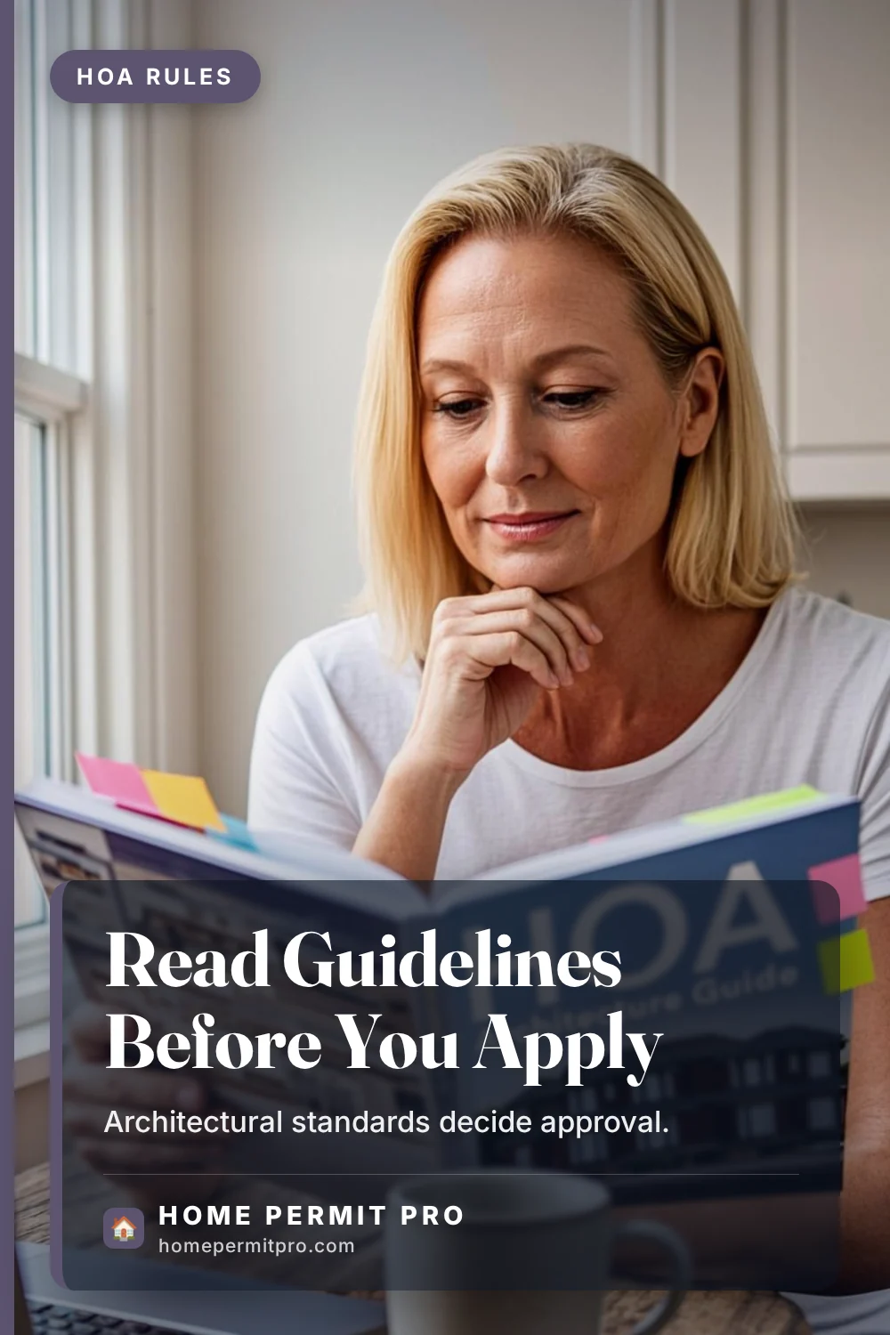 Homeowner reviewing HOA architectural guidelines at a kitchen table