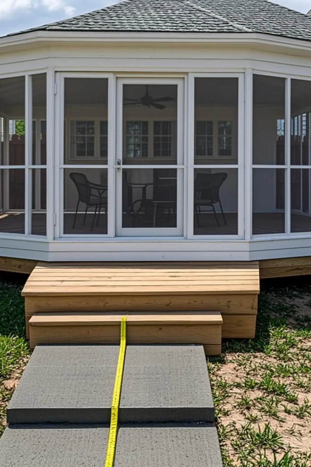 Sunroom property line setback rules: measuring tape stretched from a sunroom foundation corner to a wooden property line fence in a backyard